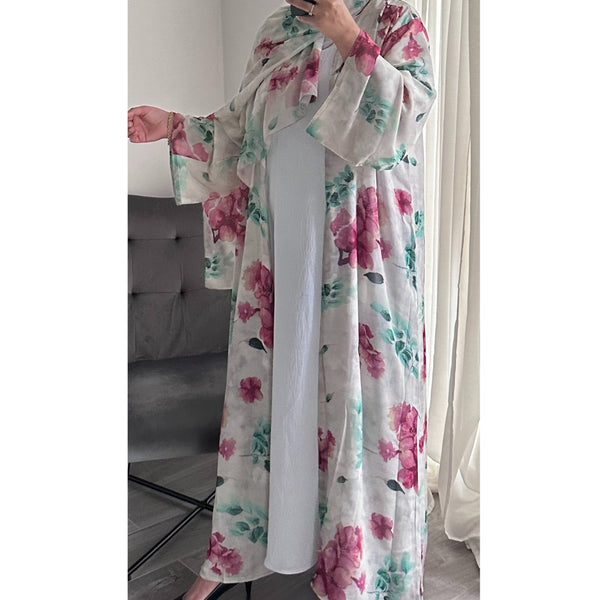 SUMMER PINK FLOWER PRINT OPEN ABAYA