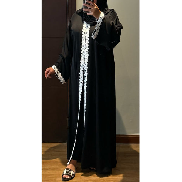 SAMIA LACE OPEN ABAYA WITH BUTTONS - WHITE