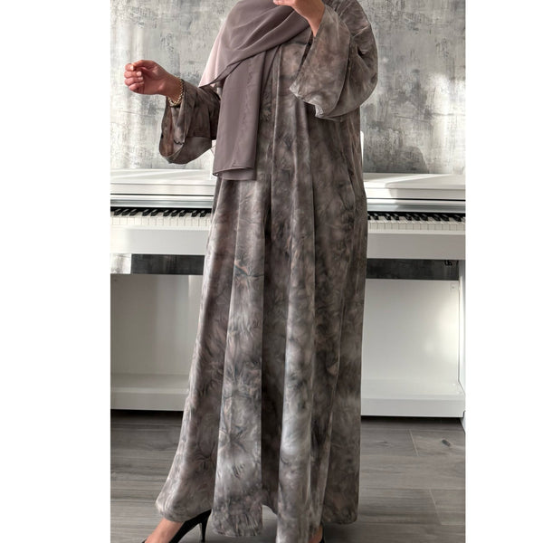 TIE DYE MARBLE OPEN ABAYA WITH BUTTONS - Mauve