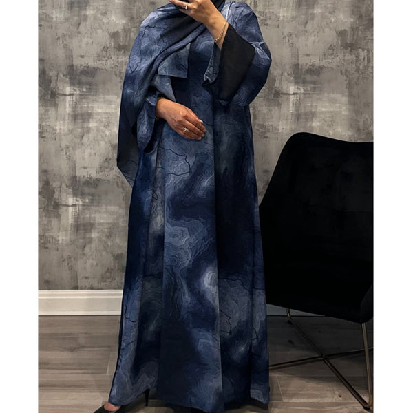 CLOSED MARBLE PRINT ABAYA WITH MATCHING HIJAB BLUE