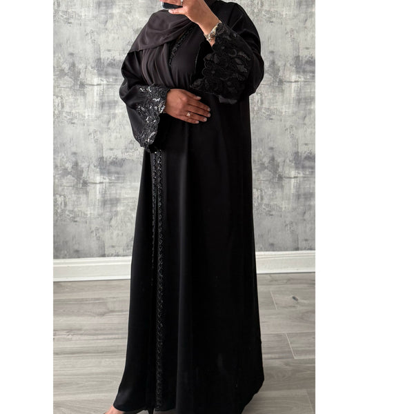 LUXE AMIRA LACE OPEN ABAYA WITH BUTTONS