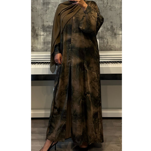 MARBLE PRINT 2.0 OPEN ABAYA WITH BUTTONS - GREEN MIX