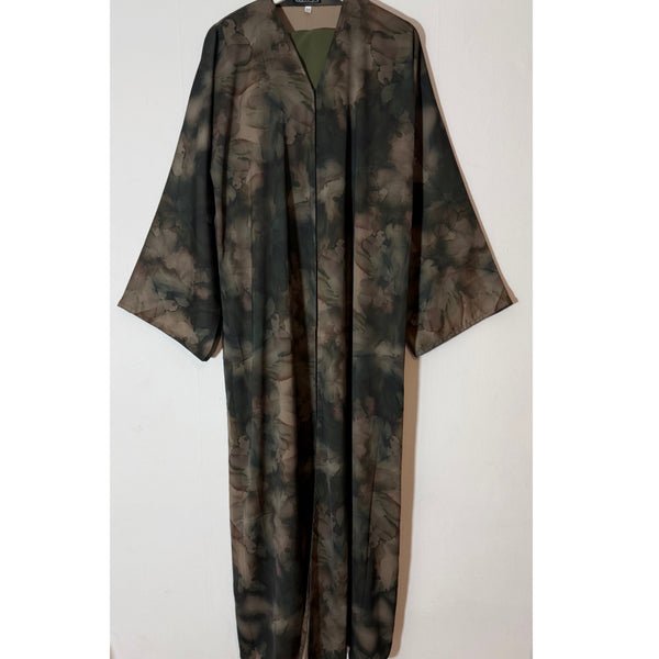 YUSRA PRINTED OPEN ABAYA WITH BUTTONS - Green