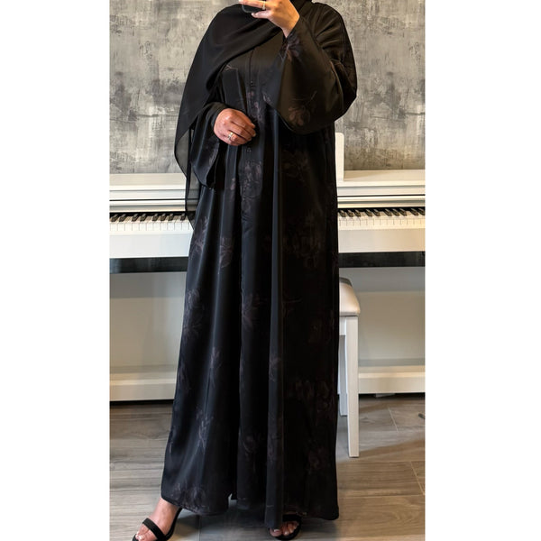 LIMITED EDITION FLOWER PRINTED OPEN ABAYA WITH BUTTONS - LILAC PRINT