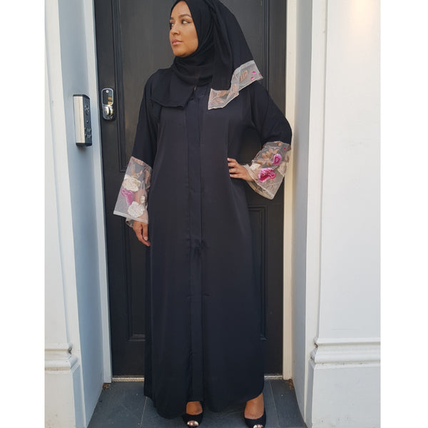 BLACK FLOWER LACE ABAYA