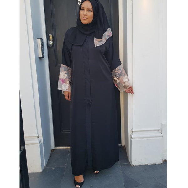 BLACK FLOWER LACE ABAYA