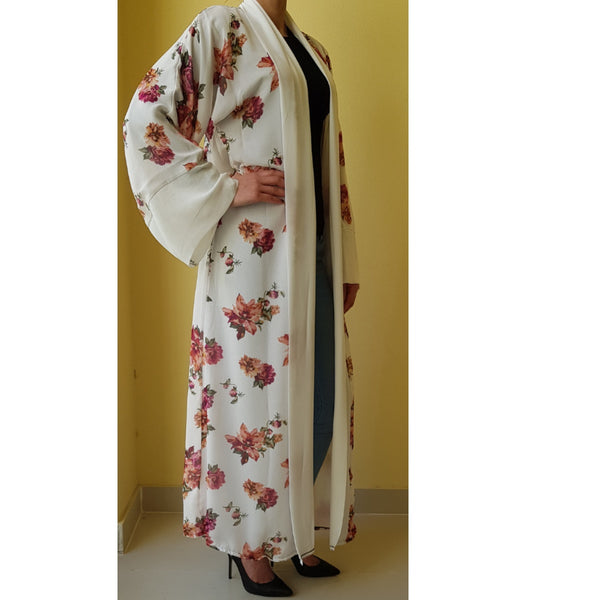 WHITE FLORAL MIX KIMONO/ABAYA - Husna Collections