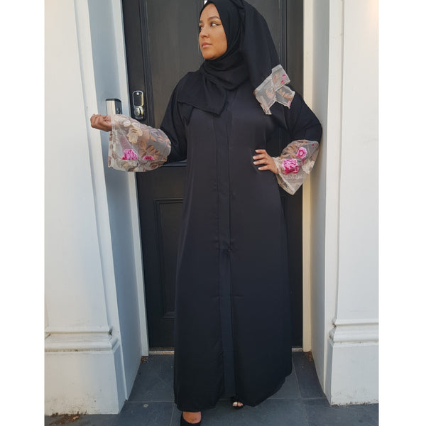 BLACK FLOWER LACE ABAYA