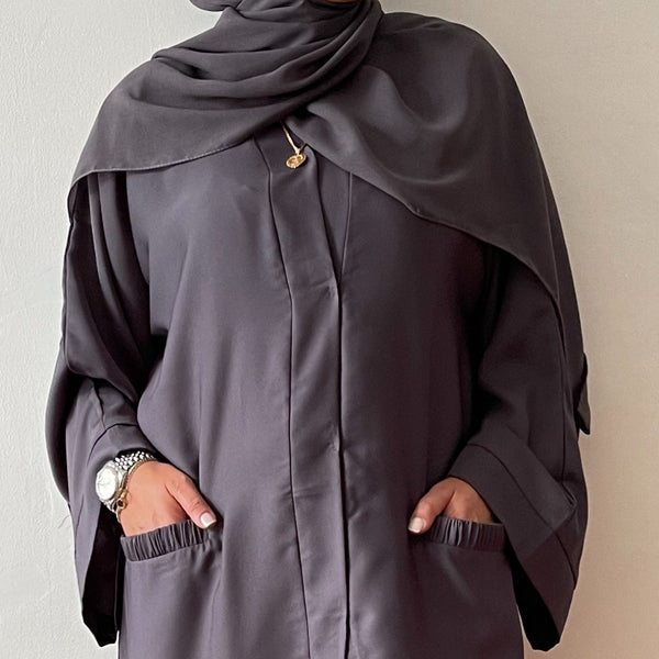 GREY OPEN ABAYA WITH POCKETS