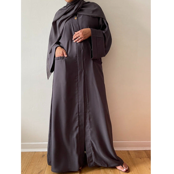 GREY OPEN ABAYA WITH POCKETS