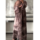 TIE DYE MARBLE OPEN ABAYA WITH BUTTONS - Brown
