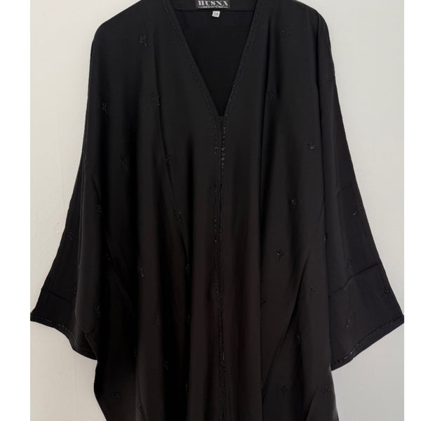 NOURAH BLACK EMBELLISHED FARASHA OPEN ABAYA WITH BUTTONS
