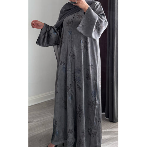 LIMITED EDITION HIBA OPEN ABAYA WITH BUTTONS - DARK GREY