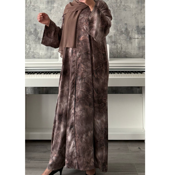 TIE DYE MARBLE OPEN ABAYA WITH BUTTONS - Brown