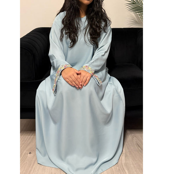 AIRAH CLOSED LACE ABAYA WITH POCKET BABY BLUE