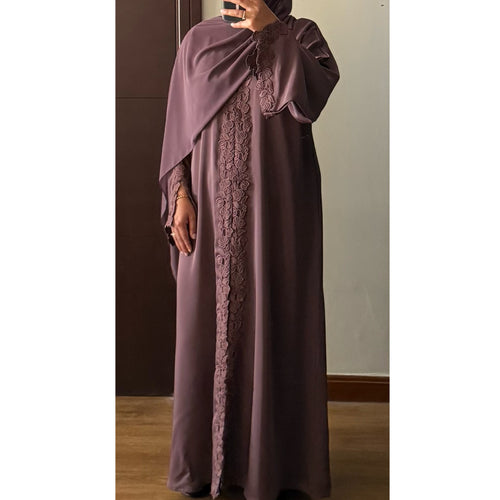 SIYAANA OPEN LACE ABAYA WITH BUTTONS MAUVE
