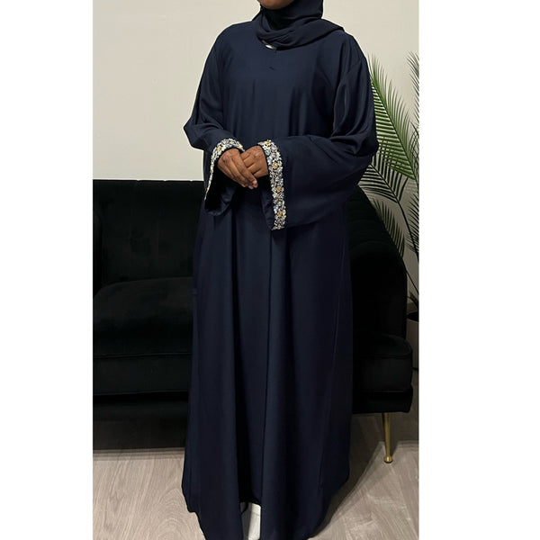 AIRAH CLOSED LACE ABAYA WITH POCKET NAVY BLUE