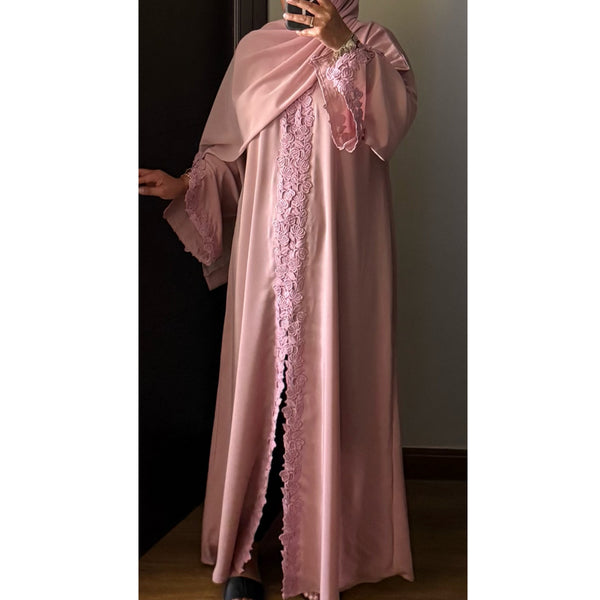 SIYAANA OPEN LACE ABAYA WITH BUTTONS - PINK