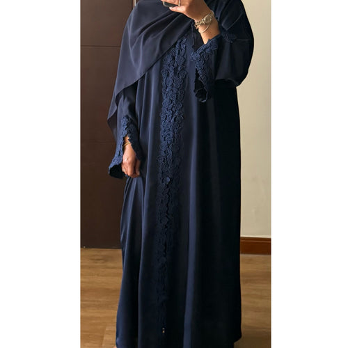 SIYAANA OPEN LACE ABAYA WITH BUTTONS - NAVY