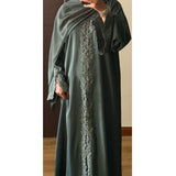 SIYAANA OPEN LACE ABAYA WITH BUTTONS - GREEN