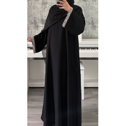 BLACK CLOSED ABAYA WITH STONES - LILAC