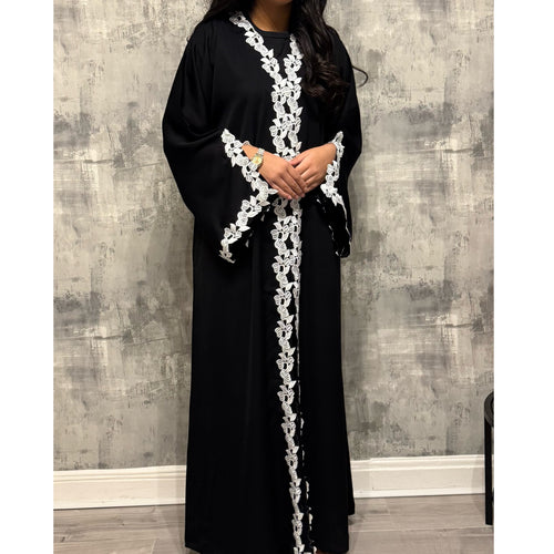 SIYAANA OPEN LACE ABAYA WITH BUTTONS WHITE