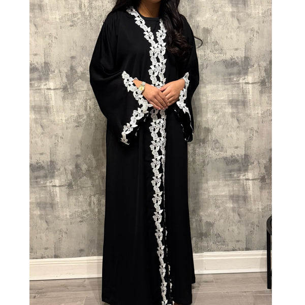 SIYAANA OPEN LACE ABAYA WITH BUTTONS WHITE