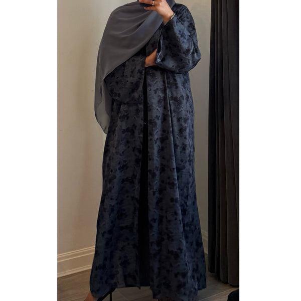 LIMITED EDITION - ALAYNA PRINTED OPEN ABAYA WITH BUTTONS GREY BLUE