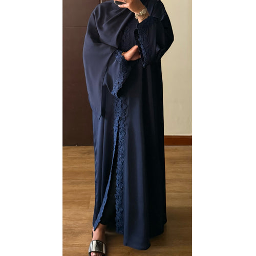 SIYAANA OPEN LACE ABAYA WITH BUTTONS - NAVY