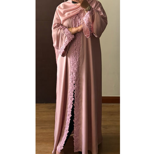 SIYAANA OPEN LACE ABAYA WITH BUTTONS - PINK