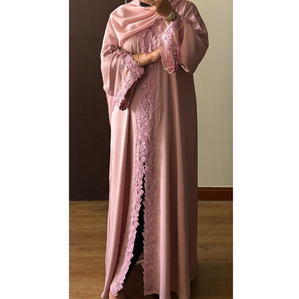 SIYAANA OPEN LACE ABAYA WITH BUTTONS - PINK