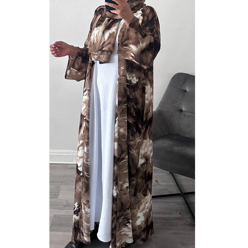 ABSTRACT PRINTED OPEN ABAYA MOCHA BROWN
