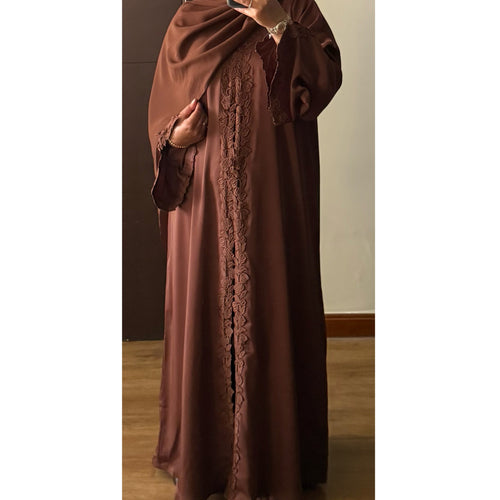 SIYAANA OPEN LACE ABAYA WITH BUTTONS - BROWN