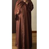SIYAANA OPEN LACE ABAYA WITH BUTTONS - BROWN
