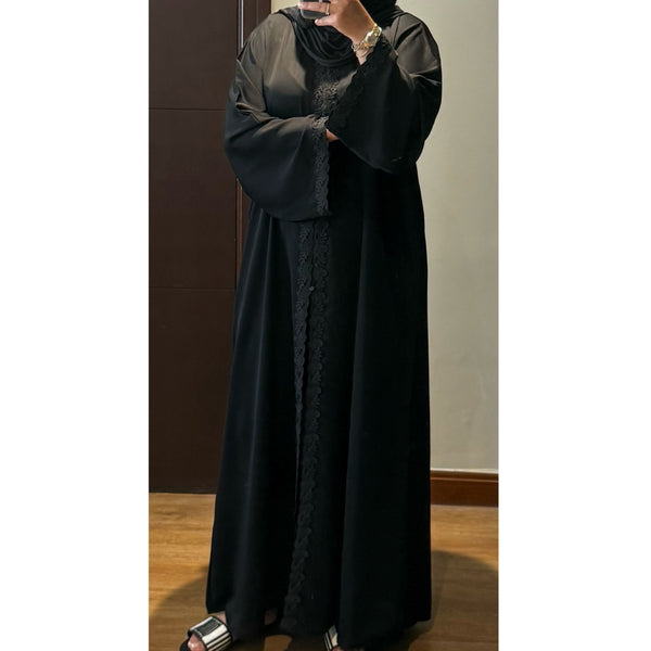 SAMIA LACE OPEN ABAYA WITH BUTTONS - BLACK