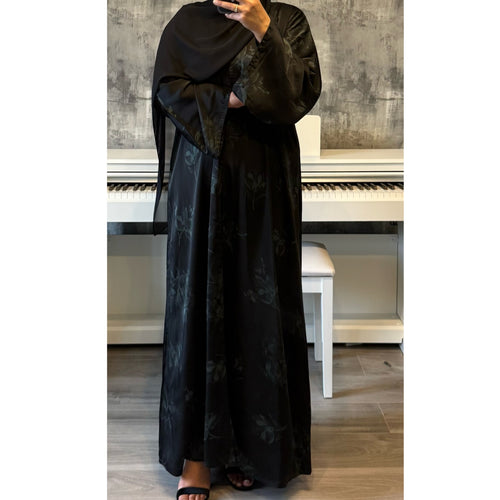 LIMITED EDITION FLOWER PRINTED OPEN ABAYA WITH BUTTONS - GREEN PRINT