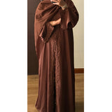 SIYAANA OPEN LACE ABAYA WITH BUTTONS - BROWN
