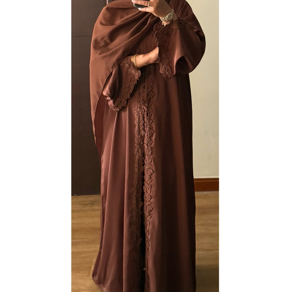 SIYAANA OPEN LACE ABAYA WITH BUTTONS - BROWN