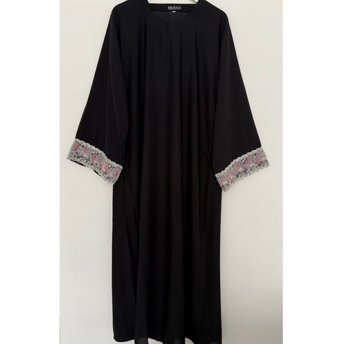 ANEEQA - black embellished closed abaya with pocket white mix