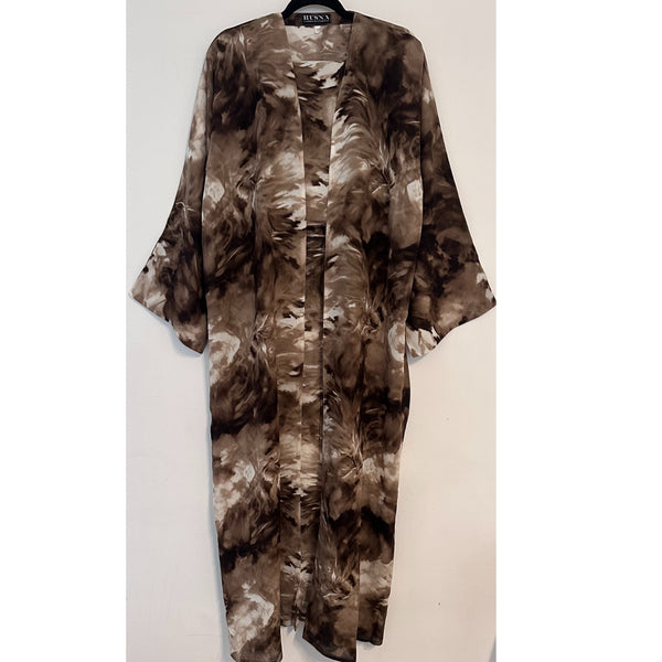 ABSTRACT PRINTED OPEN ABAYA MOCHA BROWN