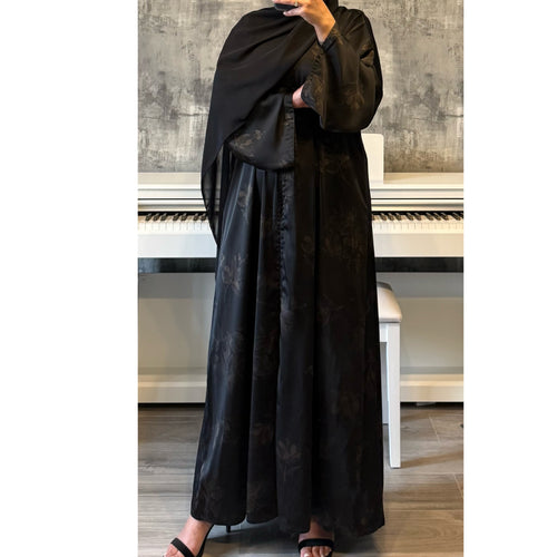 LIMITED EDITION FLOWER PRINTED OPEN ABAYA WITH BUTTONS - BROWN PRINT