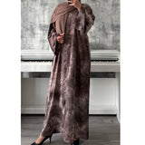 TIE DYE MARBLE OPEN ABAYA WITH BUTTONS - Brown