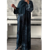 TIE DYE MARBLE OPEN ABAYA WITH BUTTONS - Teal blue