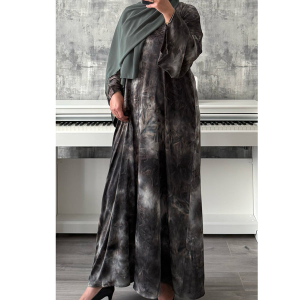 TIE DYE MARBLE OPEN ABAYA WITH BUTTONS - GREEN
