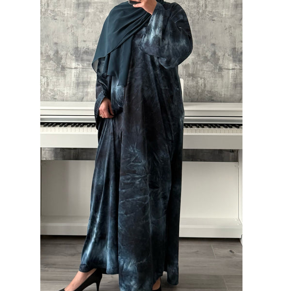 TIE DYE MARBLE OPEN ABAYA WITH BUTTONS - Teal blue