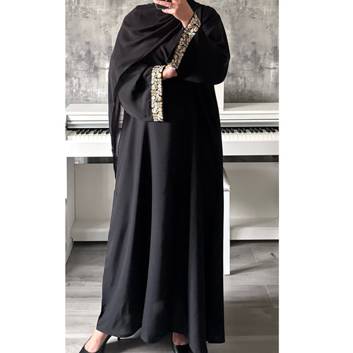 SAFAA CLOSED ABAYA WITH STONES AND GEMS - BLACK
