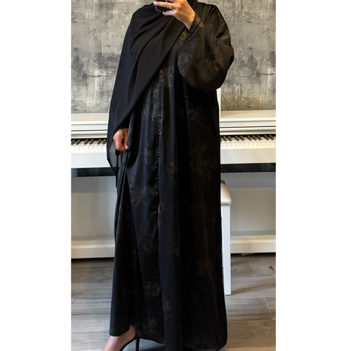 LIMITED EDITION FLOWER PRINTED OPEN ABAYA WITH BUTTONS - BROWN PRINT