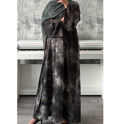 TIE DYE MARBLE OPEN ABAYA WITH BUTTONS - GREEN