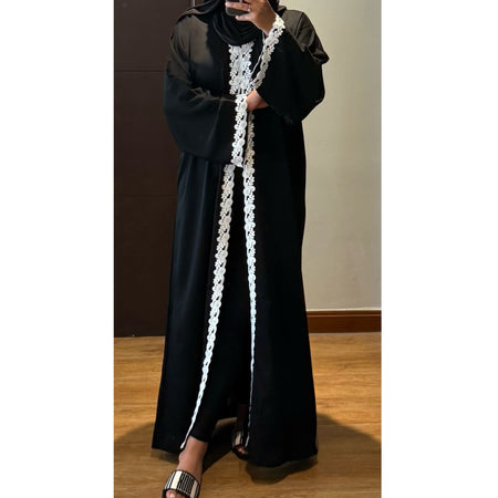 SAMIA LACE OPEN ABAYA WITH BUTTONS - BLACK