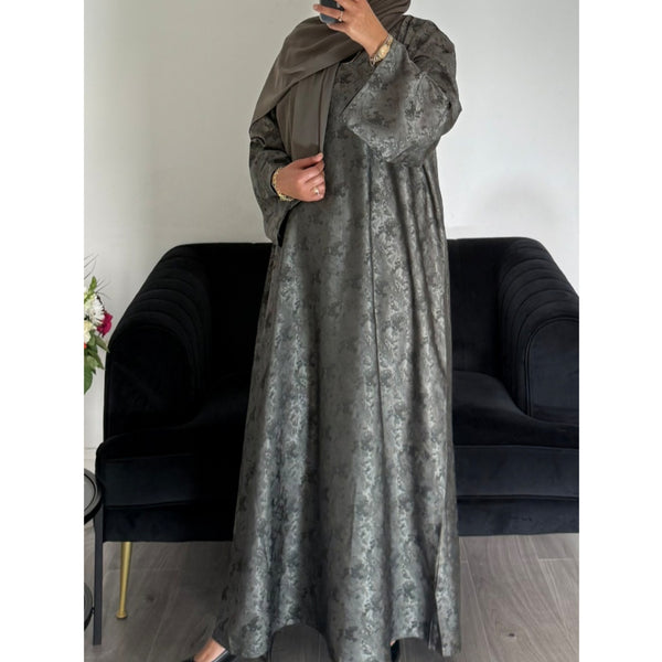 AZRA JACQUARD CLOSED PRINT ABAYA GREY